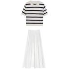 Short-sleeve Striped Knit Top / A-line Skirt / Set