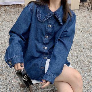 Ruffle Trim Denim Jacket Blue - One Size