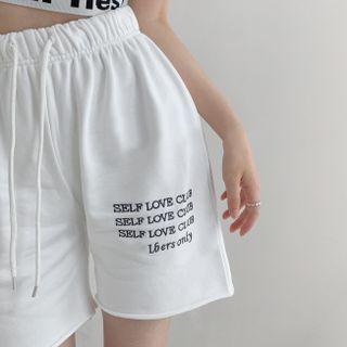 Lettering Embroidered Drawstring Sweat Shorts
