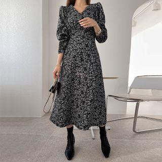 Balloon-sleeve Floral Long Dress