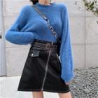 Plain Round Neck Sweater / Faux-leather Skirt
