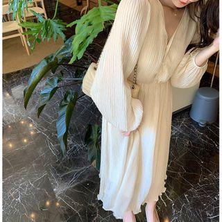 V-neck Accordion Pleated Midi A-line Dress