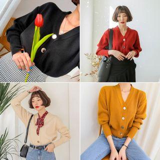V-neck Metal-buttoned Cardigan
