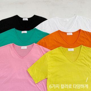 Tall Size V-neck Slit-side T-shirt