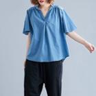 Plain Wood Ear Trim V-neck Short-sleeve T Shirt Blue - L