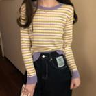 Long-sleeve Round-neck Striped Cropped Top