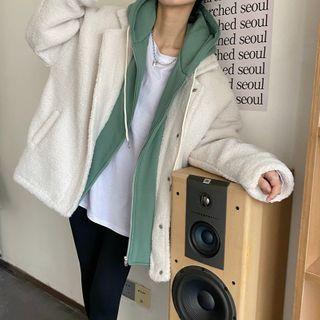 Paneled Hooded Faux Shearling Zip Jacket