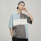 Elbow-sleeve Color Block Letter Printed Polo Shirt