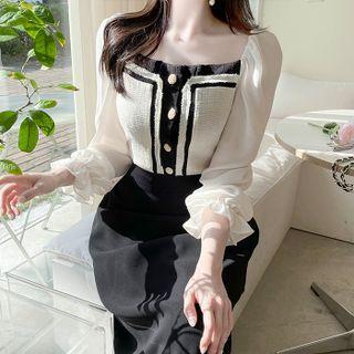 Contrast-sleeve Tweed Cropped Blouse