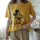 Round-neck Mickey Mouse Print T-shirt