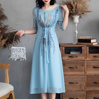 Elbow-sleeve Embroidered Chiffon Midi A-line Dress