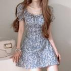 Puff Sleeve Frilled Floral A-line Mini Dress