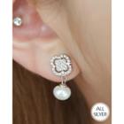 Clover Faux-pearl Dangled Silver Earrings