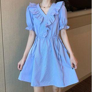 Drawstring-waist V-neck Lace Dress Stripe - Blue - One Size