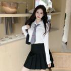 Long-sleeve Collared Cropped T-shirt / Pleated Mini A-line Skirt