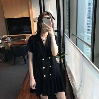 Short-sleeve Double-breasted Pleated A-line Dress