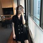 Short-sleeve Double-breasted Pleated A-line Dress