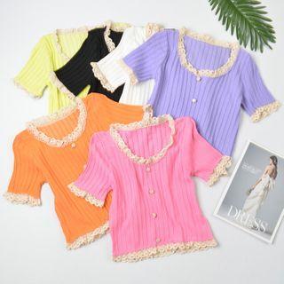 Short-sleeve Lace Trim Button-up Knit Crop Top