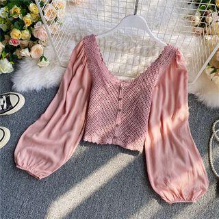 Crochet-knit Panel Puff-sleeve Blouse