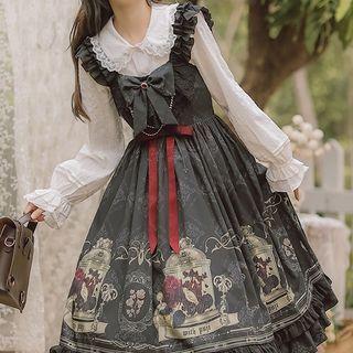 Print Midi A-line Overall Dress / Lace Trim Blouse / Set