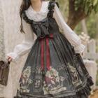 Print Midi A-line Overall Dress / Lace Trim Blouse / Set