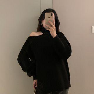 Plain Cold-shoulder Sweater Black - One Size