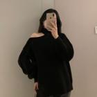 Plain Cold-shoulder Sweater Black - One Size