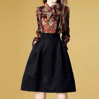 Mock Two-piece Printed Long-sleeve A-line Dress
