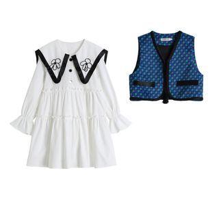 Puff-sleeve Ruffled Floral A-line Dress / Checker Print Vest