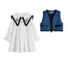 Puff-sleeve Ruffled Floral A-line Dress / Checker Print Vest