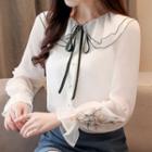 Flower Embroidered Collared Long-sleeve Chiffon Blouse