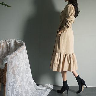 Double-breasted Ruffle-hem Trench Coat With Belt