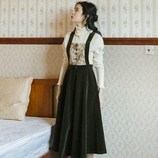 Set: Long-sleeve Knit Top + Paneled Midi A-line Pinafore Dress