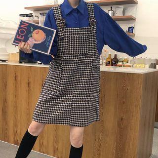 Plain Shirt / Houndstooth Mini Pinafore Dress