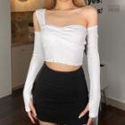 Set: Long-sleeve Off-shoulder Crop Top + One-shoulder Tank Top