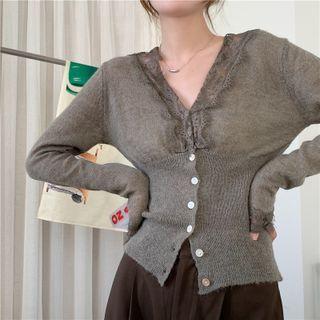 Plain Lace Trim Long-sleeve Cardigan