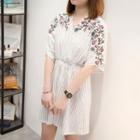 Flower Embroidered Elbow Sleeve Striped Dress