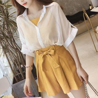 Set: Light Shirt + Camisole Top + Wide Leg Shorts