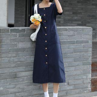 Plain Short-sleeve Square-neck Dress