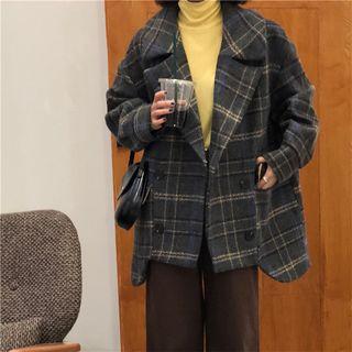 Double Breasted Plaid Jacket Plaid - One Size