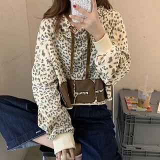 Lettering Leopard Print Cropped Hoodie