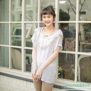 Ruffled Short-sleeve Tie-neck Top