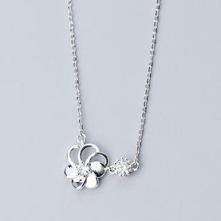 925 Sterling Silver Rhinestone Flower Pendant Necklace S925 Silver - Necklace - One Size