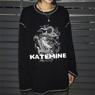 Dragon-print Stitched Long-sleeve T-shirt Black - One Size