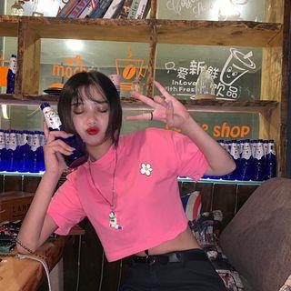 Short-sleeve Floral Cropped T-shirt As Shown In Figure - One Size