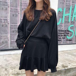 Set: Plain Long-sleeve T-shirt + High Waist A-line Skirt