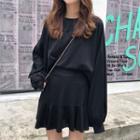 Set: Plain Long-sleeve T-shirt + High Waist A-line Skirt