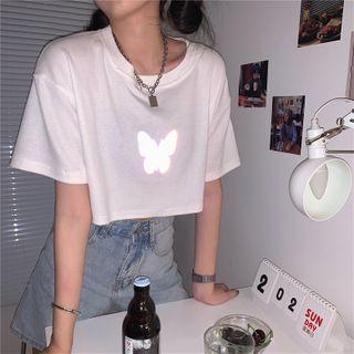 Butterfly Print Short-sleeve Cropped Top