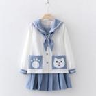 Long-sleeve Sailor Collar Cat Print Top / Pleated Mini A-line Skirt / Set
