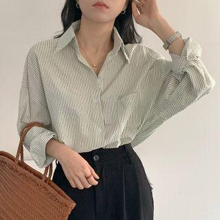 Long-sleeve Polo Collar Striped Shirt